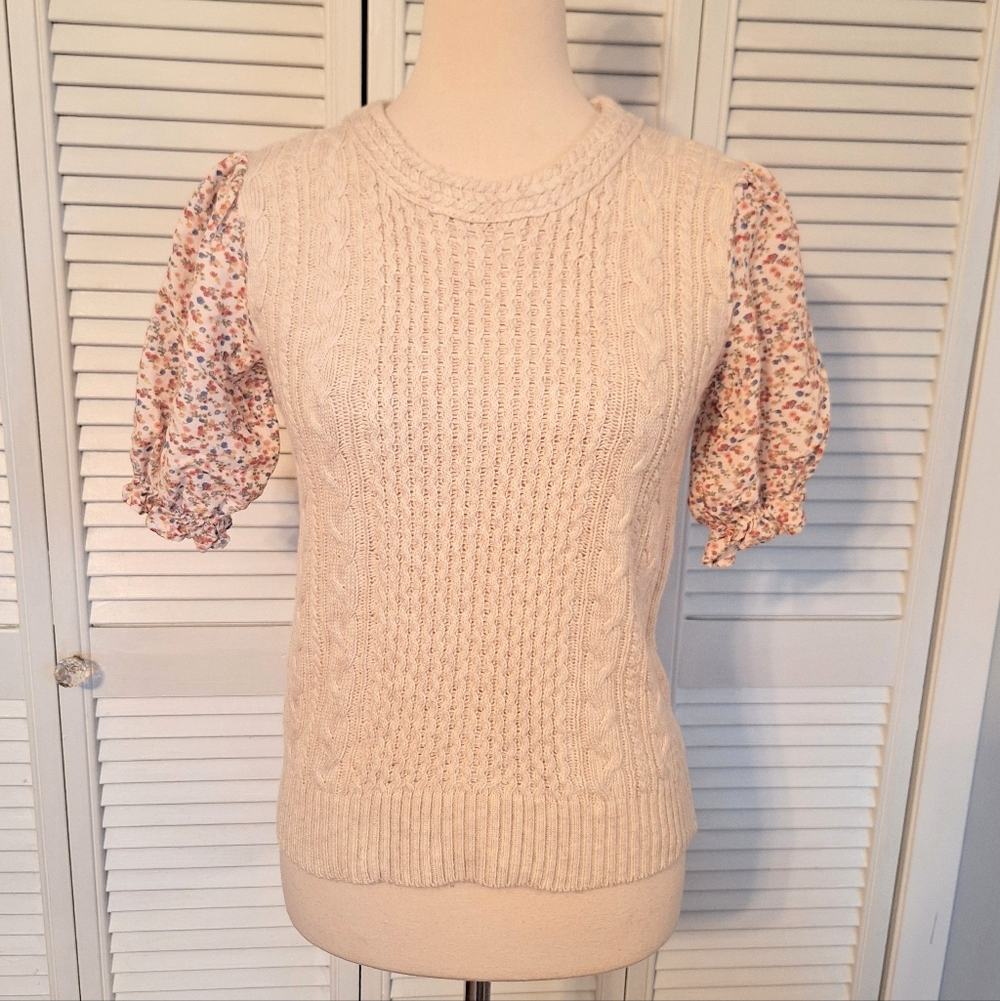 Moodie Wool Cable Knit Sweater with Floral Coco Puff Sleeves Small NWOT *C7